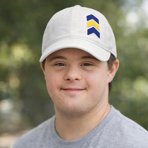 Down Syndrome Awareness Hat with Blue and Yellow Chevron Patch on Richardson 112 Trucker or Richardson 326 Dad Hat Poor Hog Customs