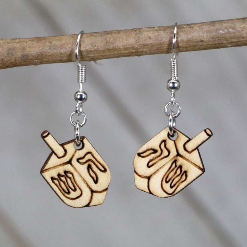 Dreidel Wooden Dangle Earrings | Hanukkah Holiday Earrings