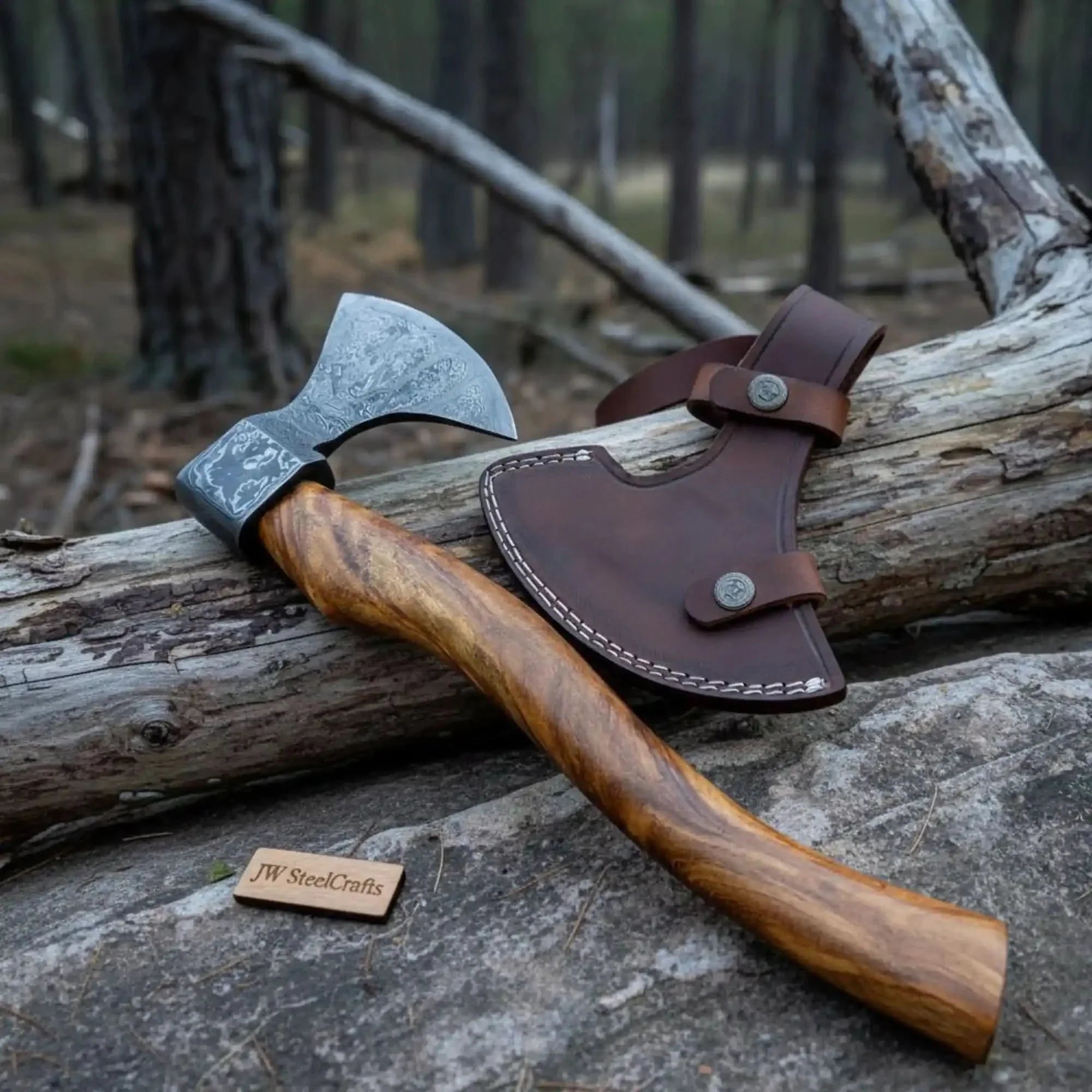 Hand Engraved Norse Viking Bearded Axe with Damascus Steel Blade and Carved Hardwood Handle | JW SteelCrafts by JW SteelCrafts, Southern lifestyle apparel detail photo 2