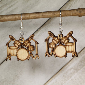 Drum Set Wooden Dangle Earrings | Drum Kit Music Jewelry for Drummers