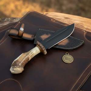Black Coated Stag Handle Bowie Knife with Twin Fullered Blade for Outdoor Use
