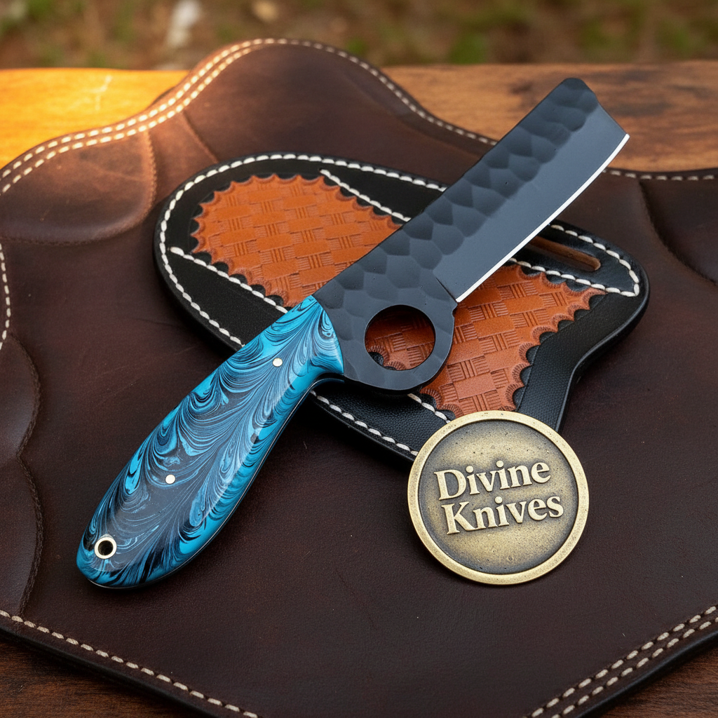 Blue Resin Ring Bull Cutter Knife with Swirl by Divine Knives