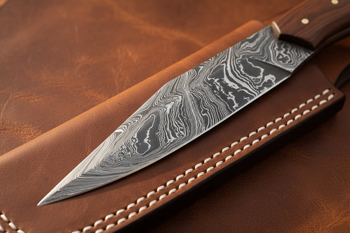 Barrel Grip Damascus Broken-Back Seax Knife with Bone and Wood Handle by Divine Knives — view 2 of 4