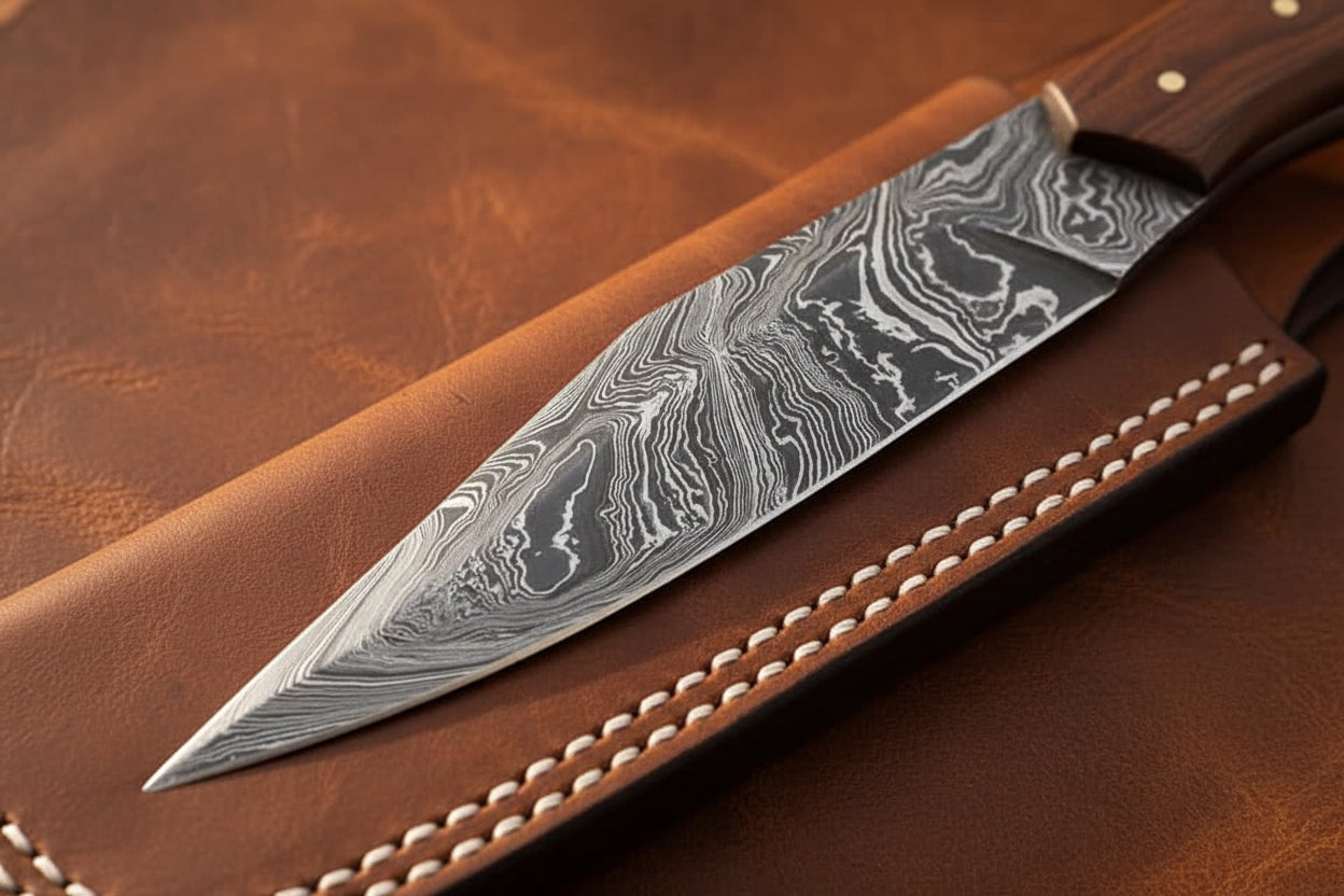 Barrel Grip Damascus Broken-Back Seax Knife with Bone and Wood Handle by Divine Knives — view 2 of 4