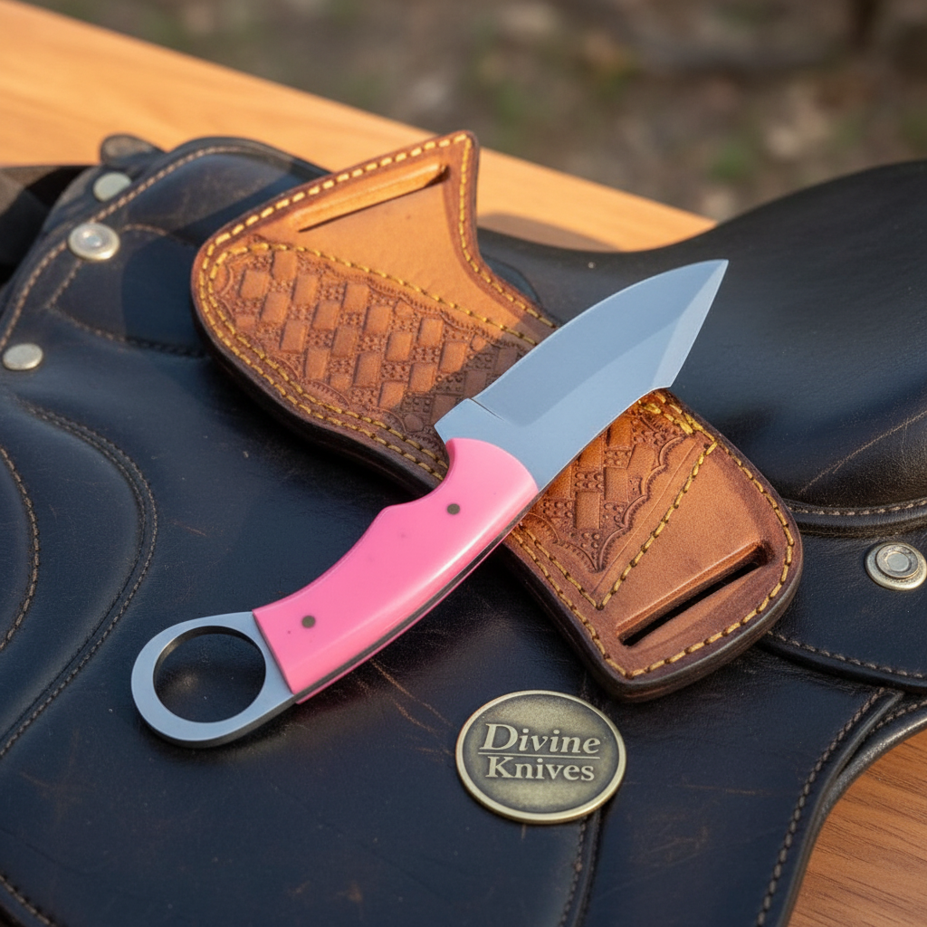 Carbon Steel Pink Resin Ring Skinner Knife by Divine Knives