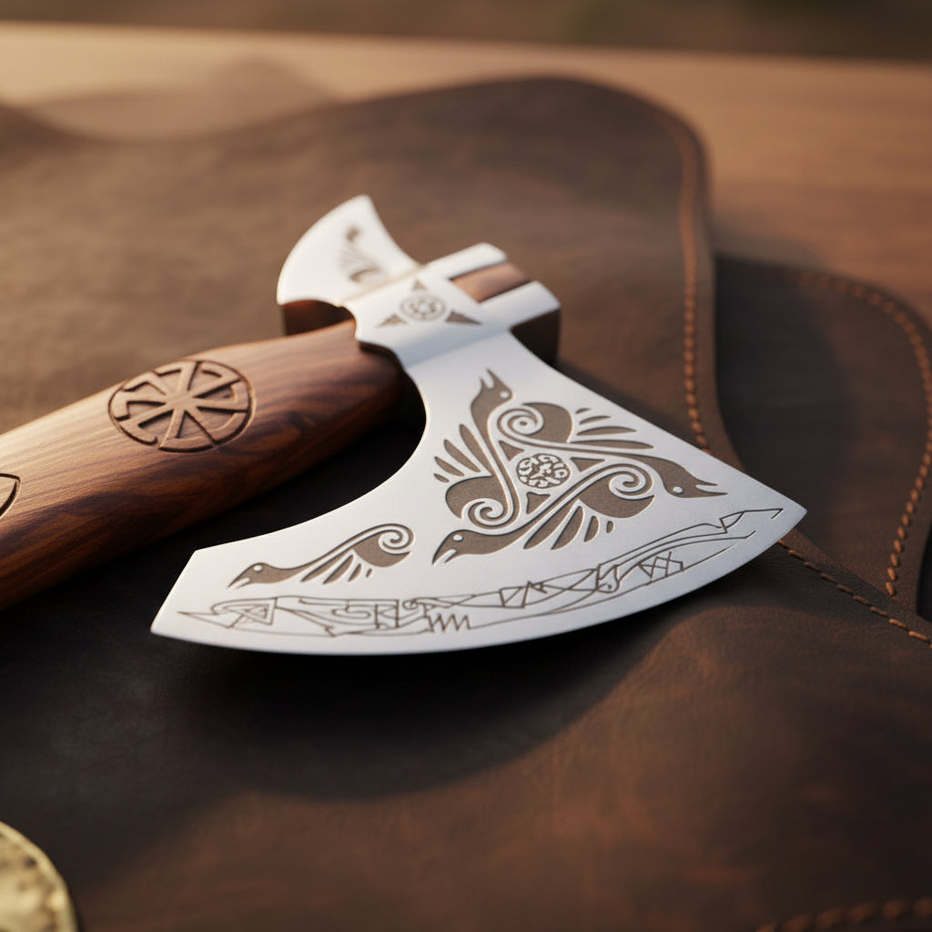 Norse Engraved Viking Bearded Axe with Detailed Head and Carved Wood Handle