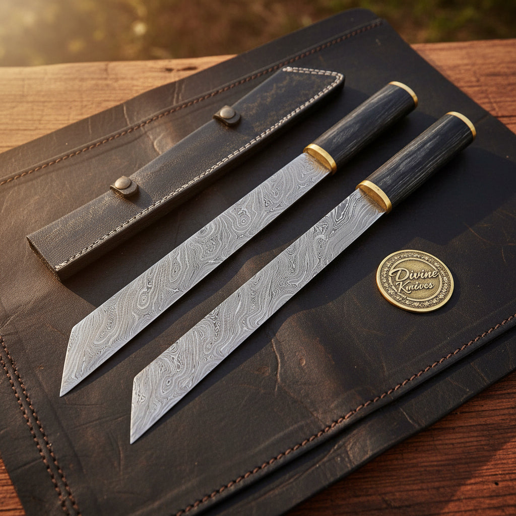 Horn Handle Tanto Knife Set with Brass Ferrules and Shared Snap Close Leather Sheath