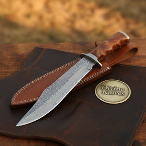 Damascus Rosewood Clip-Point Classic Bowie with Contoured Wood Handle