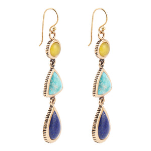 Yellow Quartz and Blue Turquoise Golden Drop Earrings
