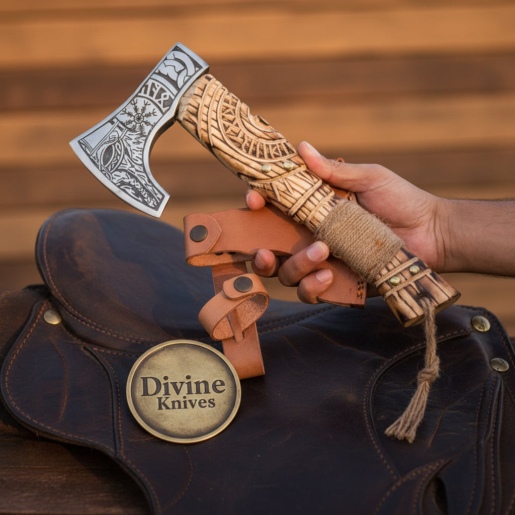 Norse Symbols Engraved Hatchet with Carved Wood Handle