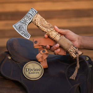 Norse Symbols Engraved Hatchet with Carved Wood Handle