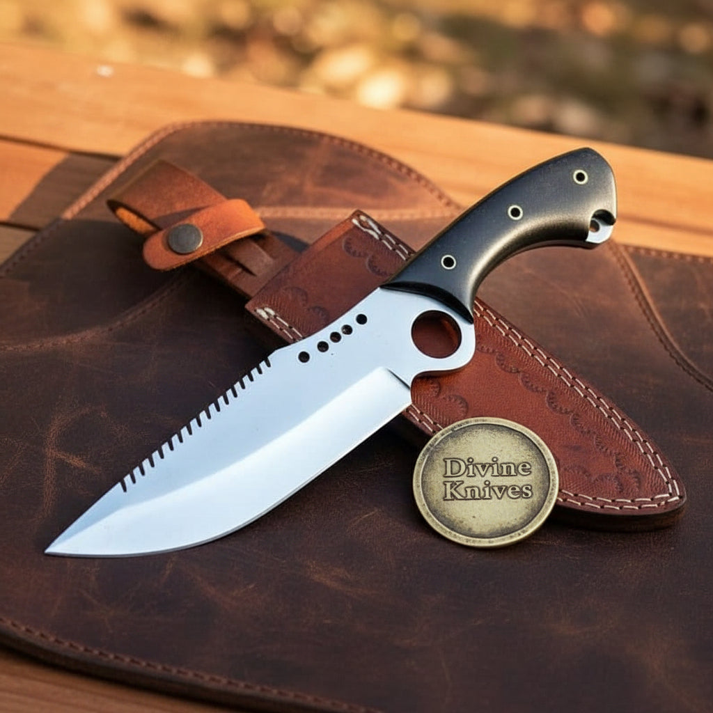 Sawback Drop-Point Survival Knife with Finger Ring Blade and Sheath