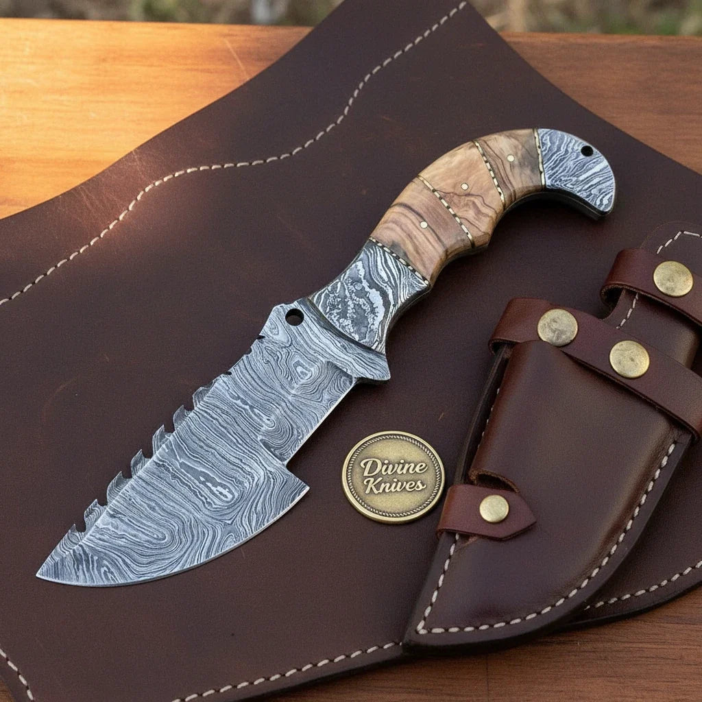 Sawback Tracker Bushcraft Knife with Olive Wood Handle & Leather Sheath