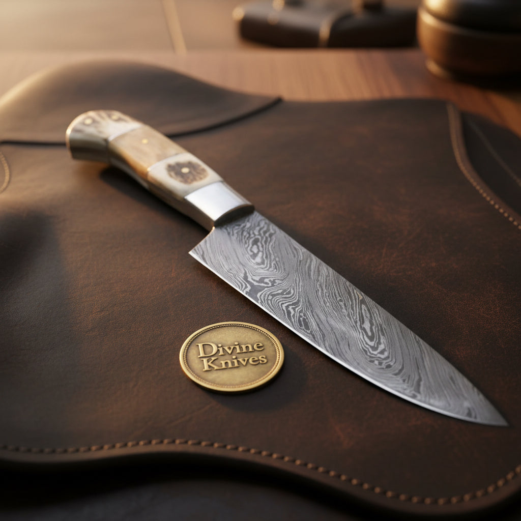 Handmade Bone Handle Chef Knife with Twin Steel Bolsters and Layered Forged Blade by Divine Knives — product view 1