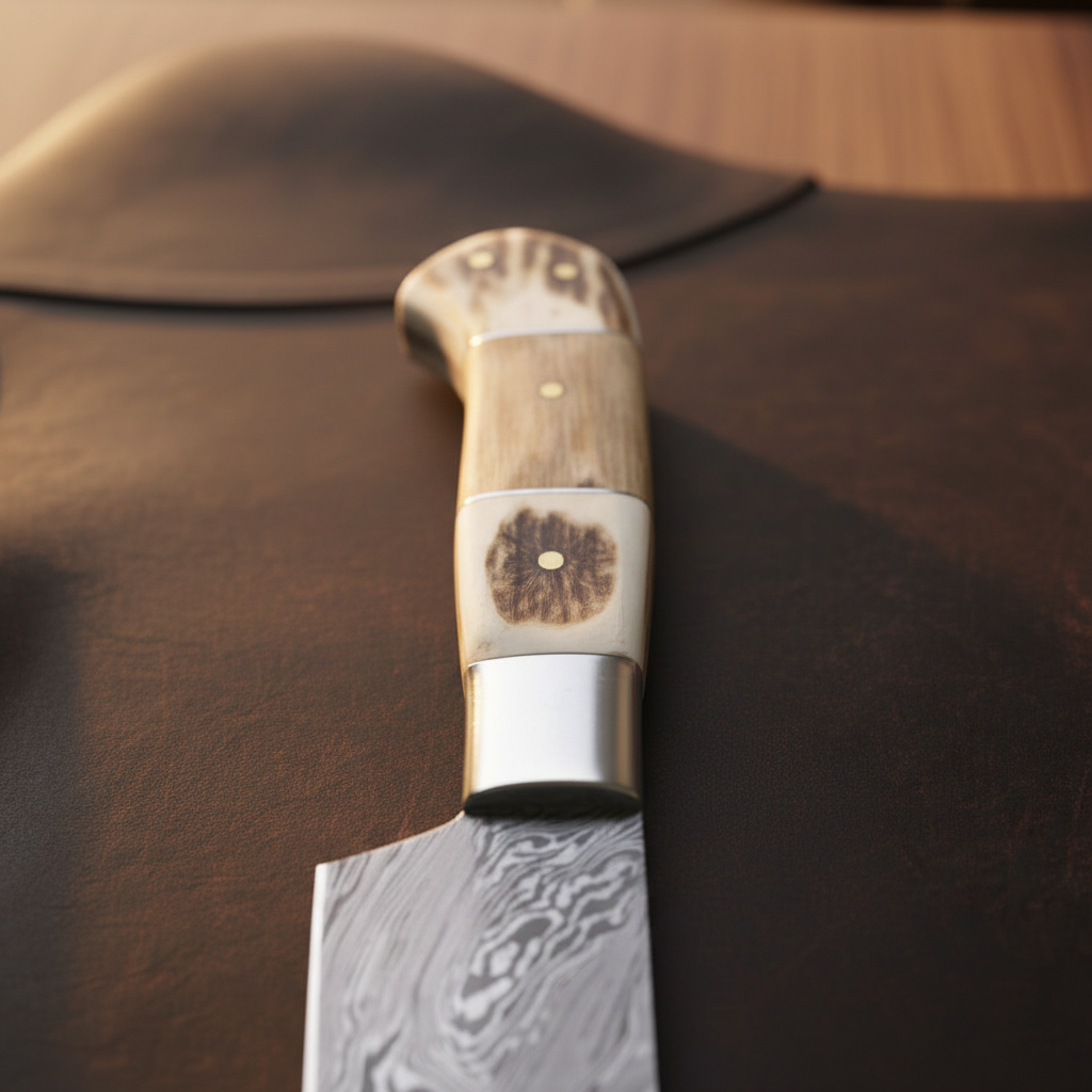 Handmade Bone Handle Chef Knife with Twin Steel Bolsters and Layered Forged Blade by Divine Knives — product view 2