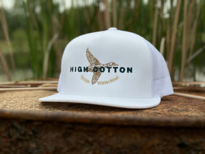 Detail view of Duck Hunting White Flat Bill Hat by High Cotton Hat Co