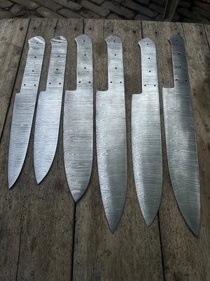6-Piece Handmade Damascus Chef Knife Blank Set, Forged Steel Blades, Custom Knife Making Supply
