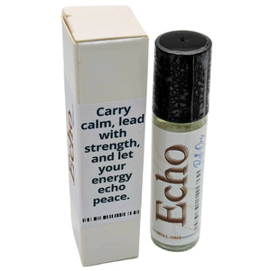 Echo Roll-On Oil with packaging: a glass bottle with a black cap next to a white box with product information.