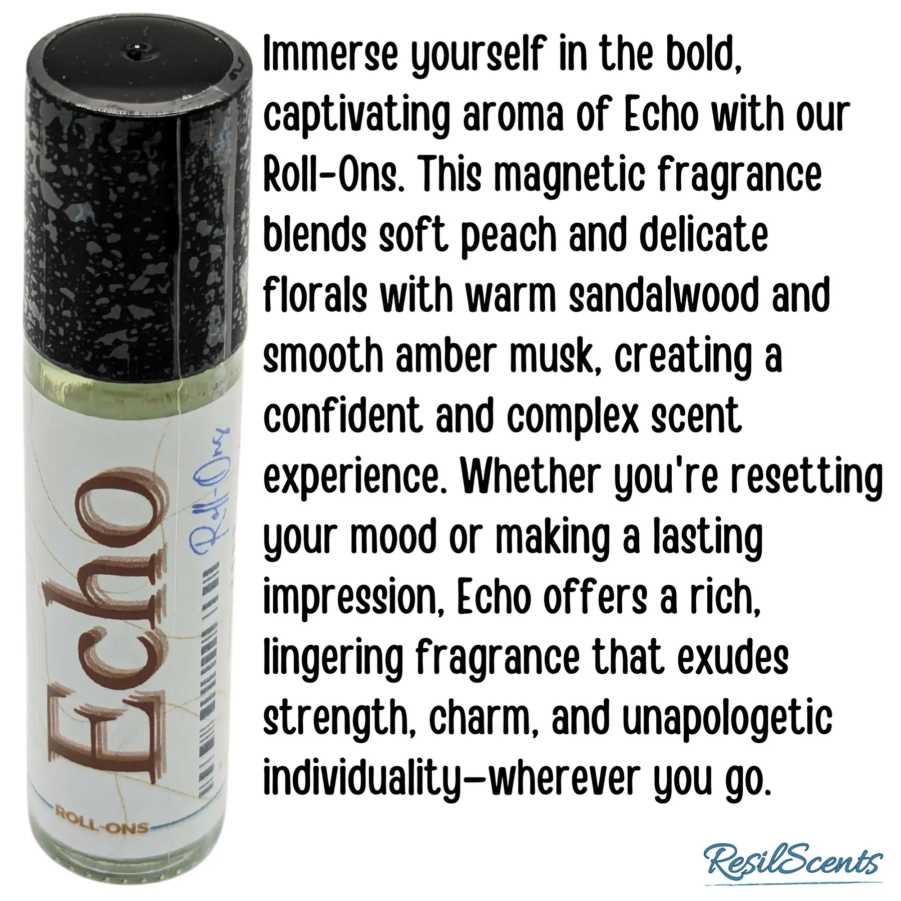 Echo roll-on perfume bottle with a black cap, featuring the brand "ResilScents" on the lower right.