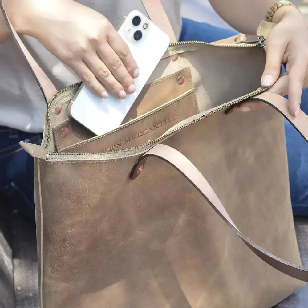Eden LARGE Leather Tote Bag - Zippered by Mission Mercantile Leather Goods, handmade leather goods detail photo 3