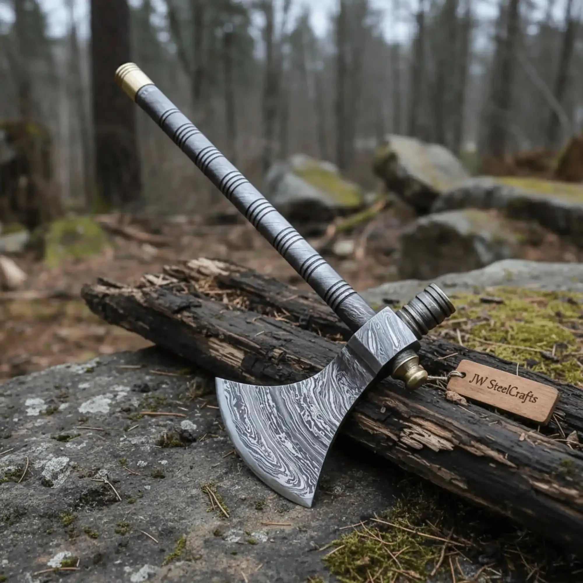 Damascus Steel Tabar Style Hand Axe with Crescent Edge and Spike | JW SteelCrafts by JW SteelCrafts, scented candle main product photo