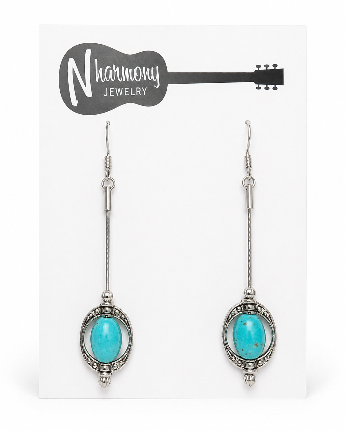 Turquoise earrings on a 'N Harmony Jewelry' branded card