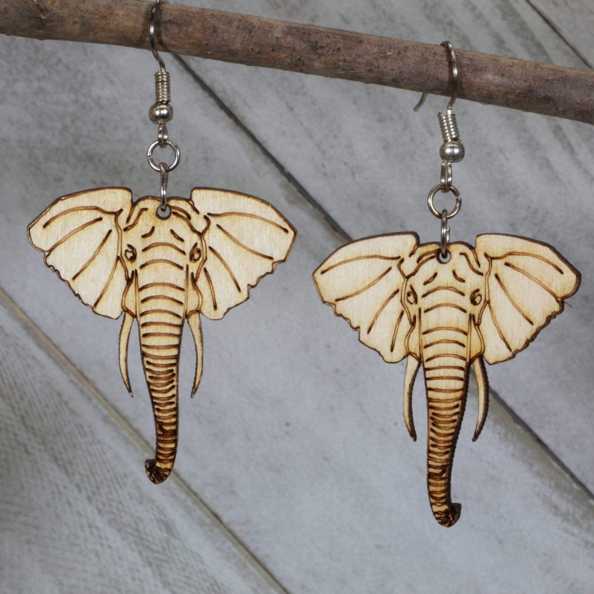 Elephant Head Wooden Dangle Earrings | Animal Jewelry by Cate's Concepts, LLC, handmade jewelry main product photo