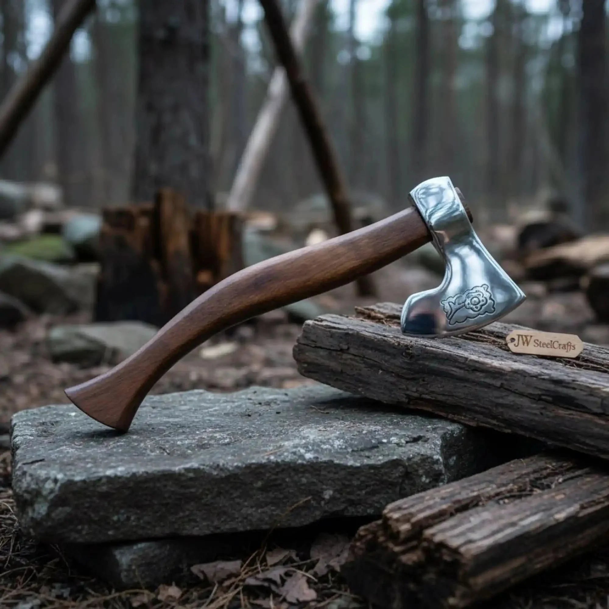 Hand Forged Damascus Steel Viking Axe – Bearded Camping Hatchet with Hardwood Handle & Leather Sheath | JW SteelCrafts by JW SteelCrafts, leather knife sheath detail photo 2