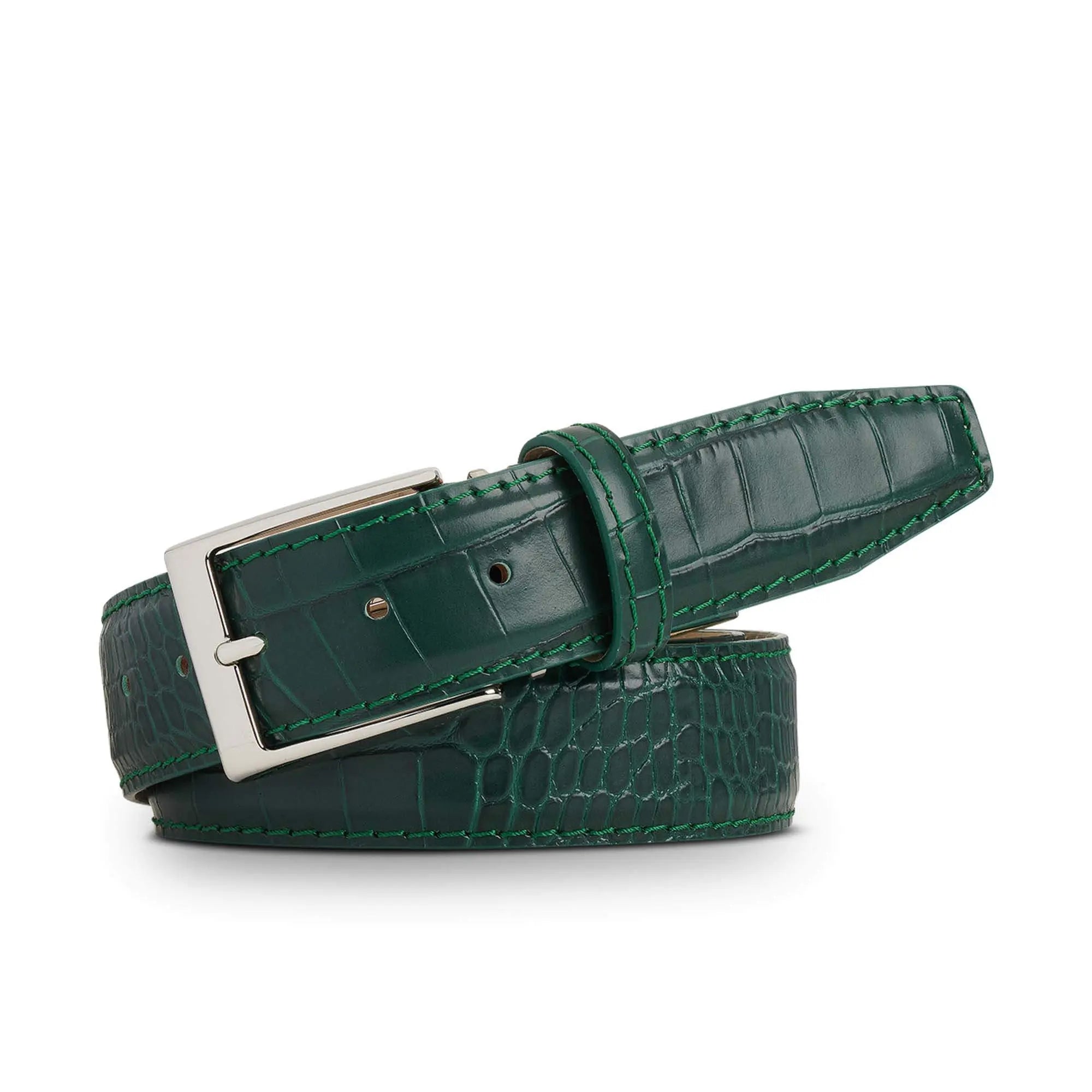 Close up of emerald mock croc leather belt texture and finish