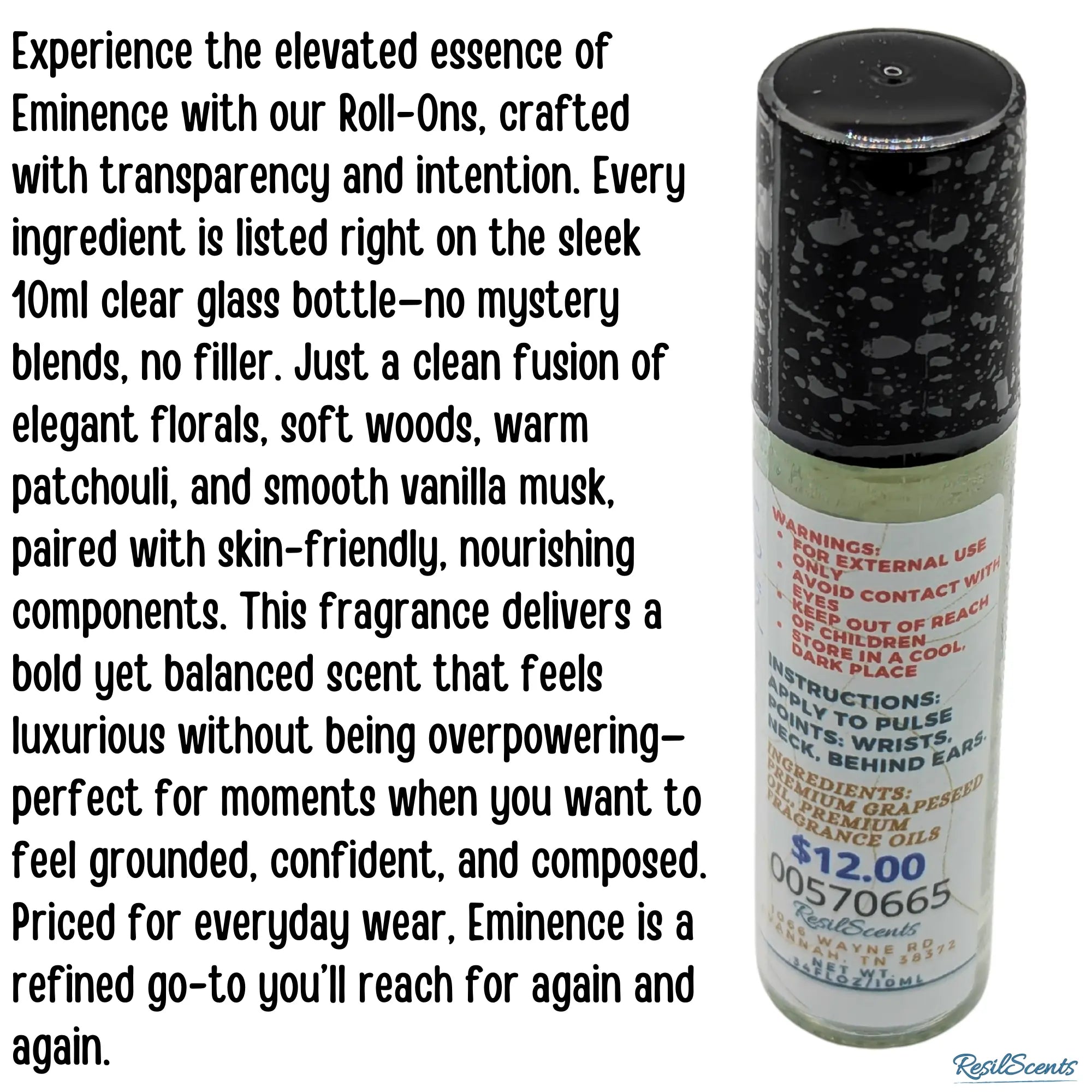 Eminence Roll-On Oil: close-up of a clear glass bottle with ingredients and warnings label, highlighting grapeseed oil.