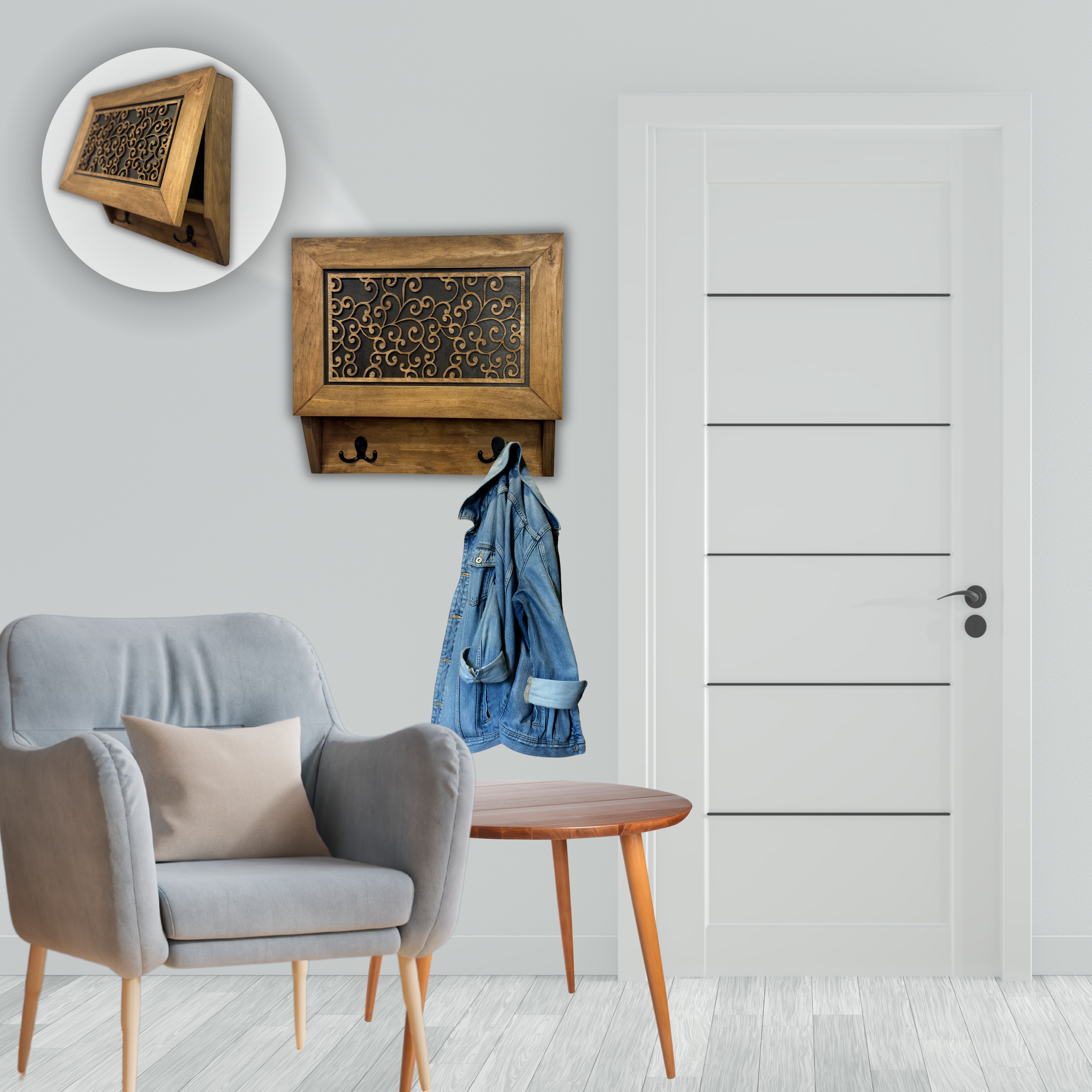Enchanted Vine Hidden Gun Cabinet Coat Rack – Decorative Concealment with Hat & Key Hooks detail view by Bellewood Designs