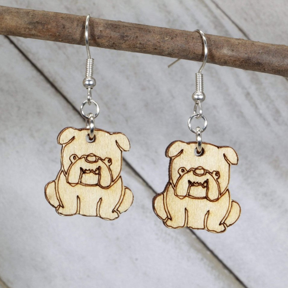 English Bulldog Wooden Dangle Earrings | Dog Lover Jewelry