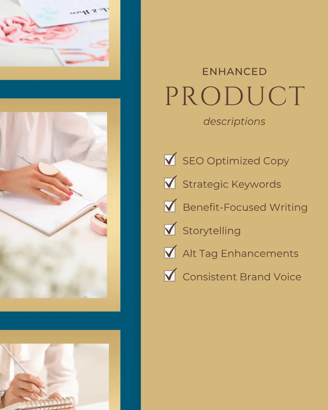 Enhanced Product Descriptions: Boost SEO, Increase Sales! Optimized copy, strategic keywords, benefit-focused writing, and brand voice.
