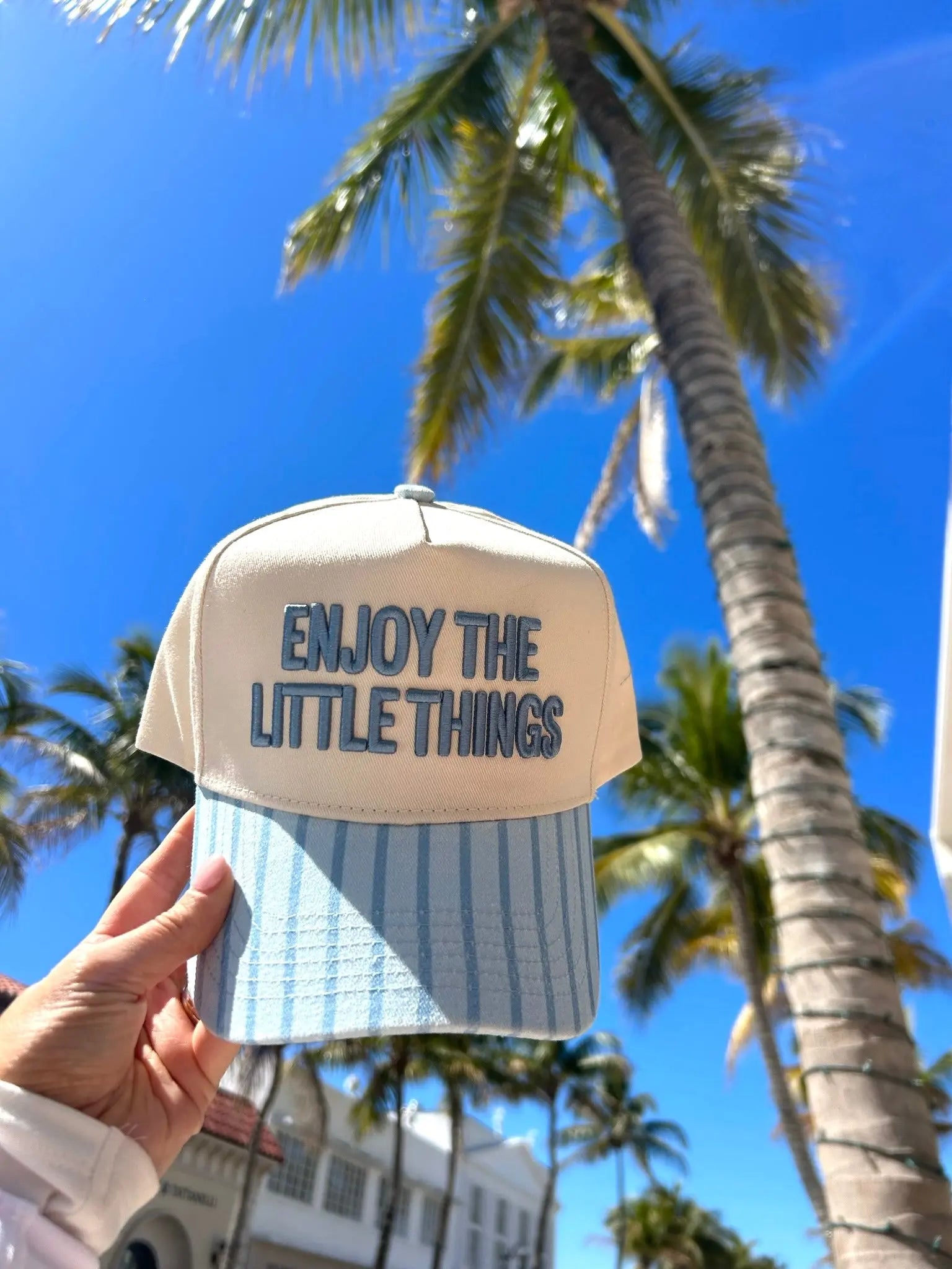 Enjoy the Little Things - Blue Stripe Vintage Trucker Hat by KenzKustomz, Southern lifestyle apparel main product photo