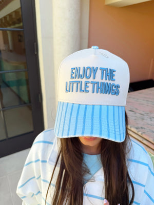 Enjoy the Little Things - Blue Stripe Vintage Trucker Hat by KenzKustomz, Southern lifestyle apparel detail photo 2