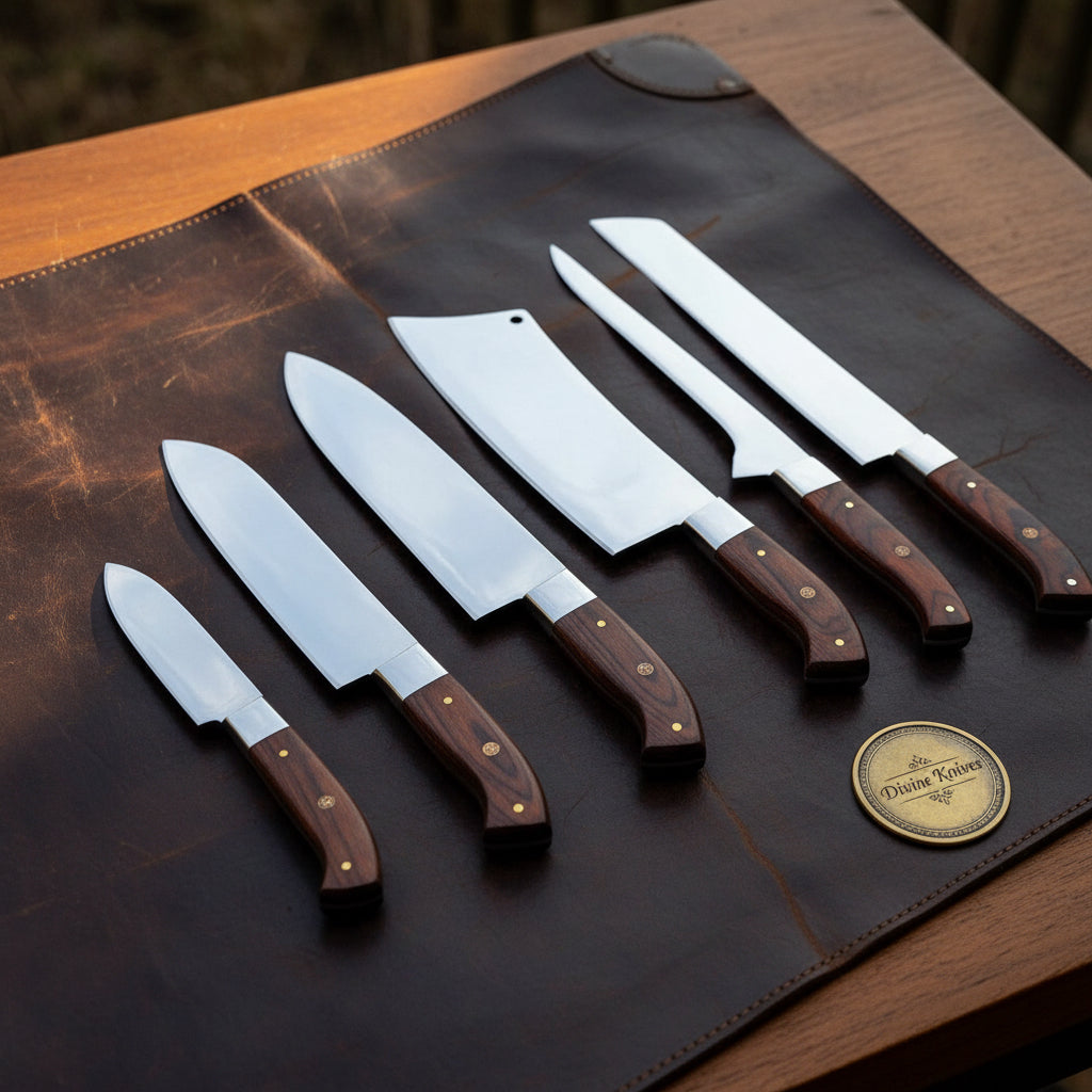 Brown Pakkawood Full-Tang Kitchen Knife Set for Everyday Cooking by Divine Knives