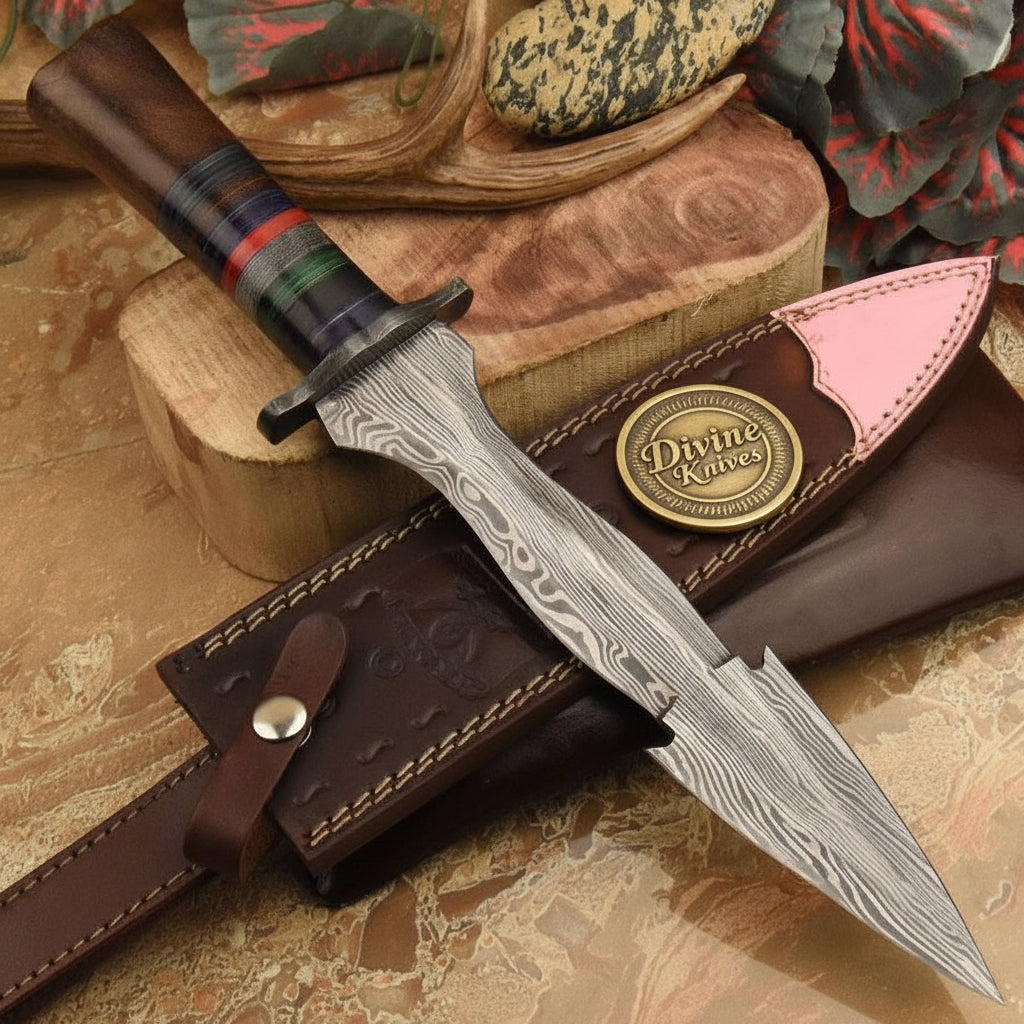Layered Handle Boot Dagger with Stacked Colour Spacers and Forged Double Edge Blade by Divine Knives — product view 1