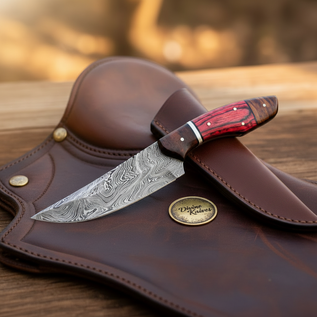 Red Pakkawood Damascus Drop Point Hunter for Hunting and Field Work