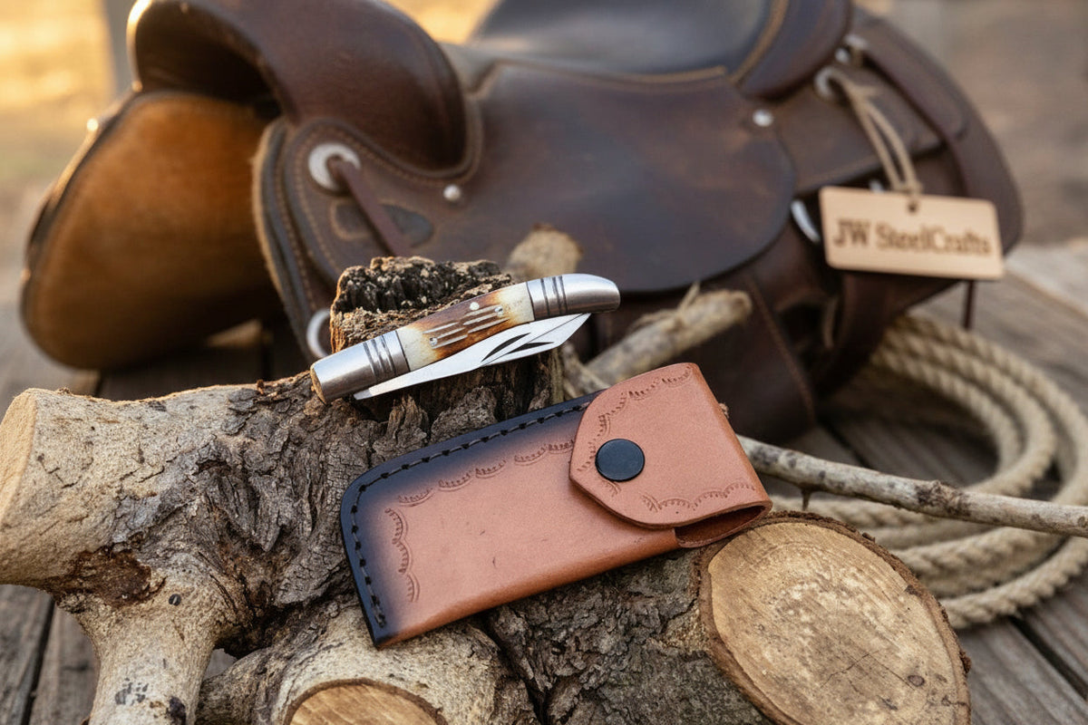 Two-Blade Trapper Knife with Synthetic Stag Horn Handle detail view by JW SteelCrafts
