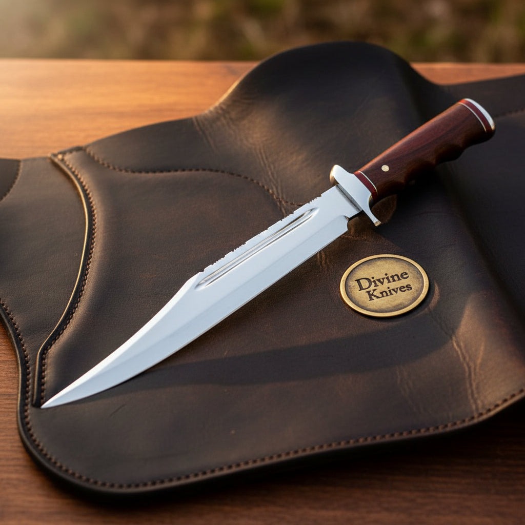 Rosewood Handle Fullered Alamo Bowie with Red Spacers