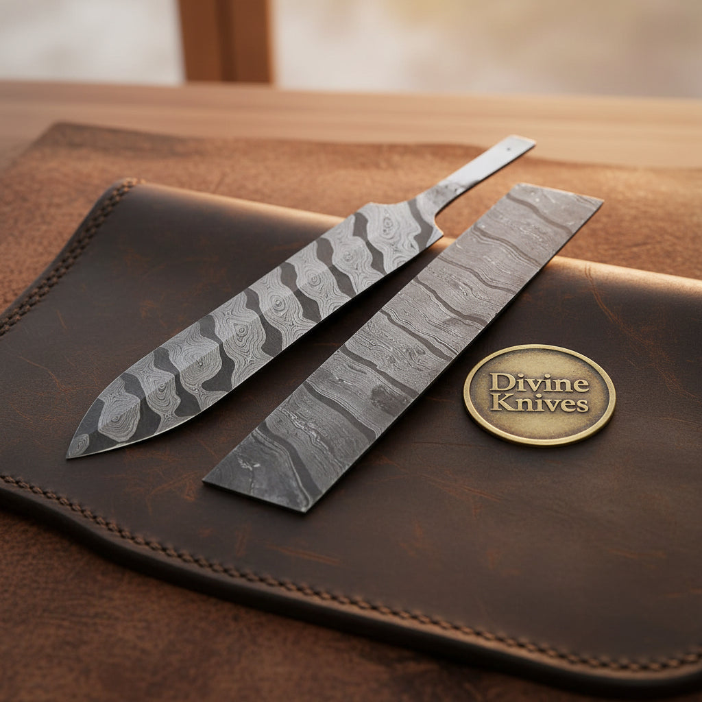 Damascus Zebra Pattern Billet Set with Shaped Blade Blank by Divine Knives