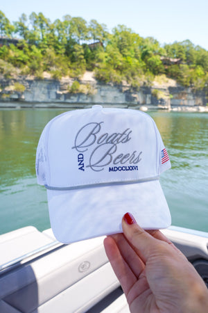 Boats & Beers - White Vintage Trucker Hat by KenzKustomz, Southern lifestyle apparel detail photo 7