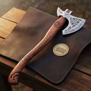 Norse Engraved Viking Bearded Axe with Detailed Head and Carved Wood Handle