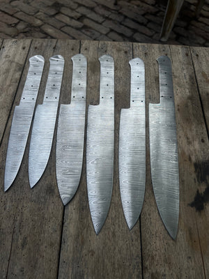 6-Piece Handmade Damascus Chef Knife Blank Set, Forged Steel Blades, Custom Knife Making Supply