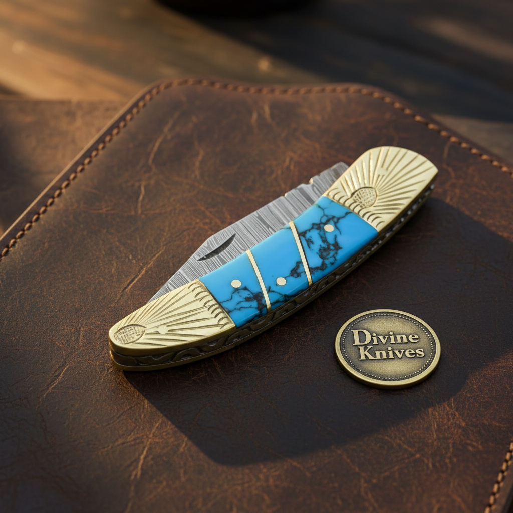 Engraved Brass Bolster Damascus Folder with Turquoise Scales and Sharpening Rod