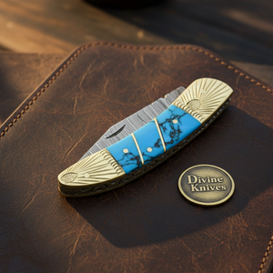 Engraved Brass Bolster Damascus Folder with Turquoise Scales and Sharpening Rod
