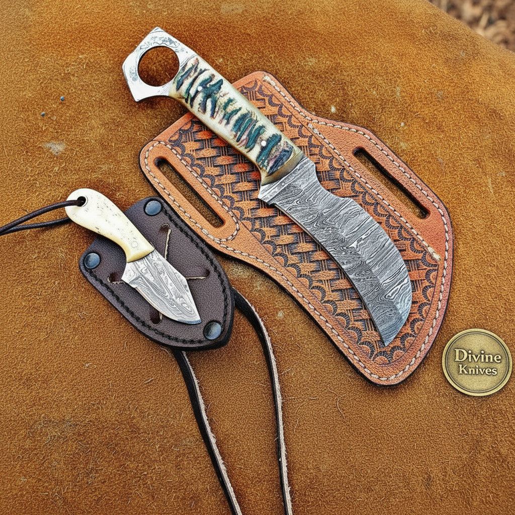 Damascus Ring-Hole Skinner & Neck Knife Set for Field Dressing