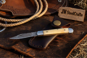 Handmade Damascus Steel Folding Pocket Trapper Knife 4"with Bone Handle detail view by JW SteelCrafts