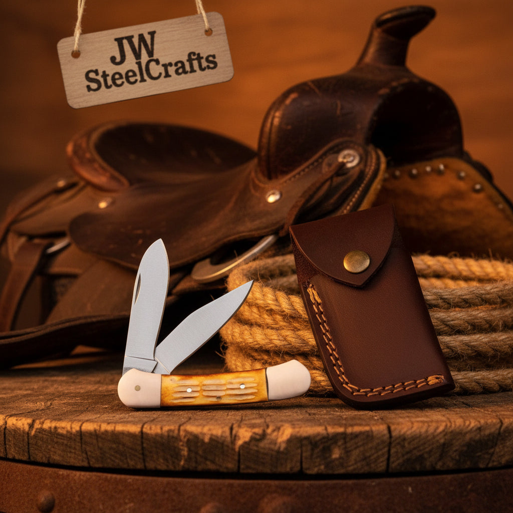 Double Blade Trapper Knife with Bone Handle, Folding Pocket Knife detail view by JW SteelCrafts