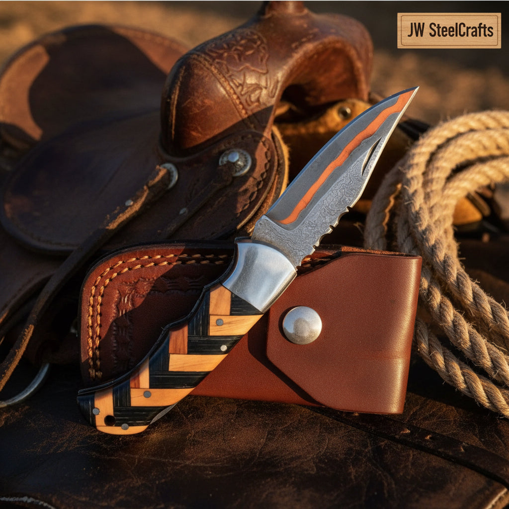 Timberline Trapper Damascus Folding Knife by JW SteelCrafts, alternate view 3